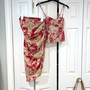 Fuchsia Tie Dye Print Structured Corset Top and Ruched Side Midi Skirt